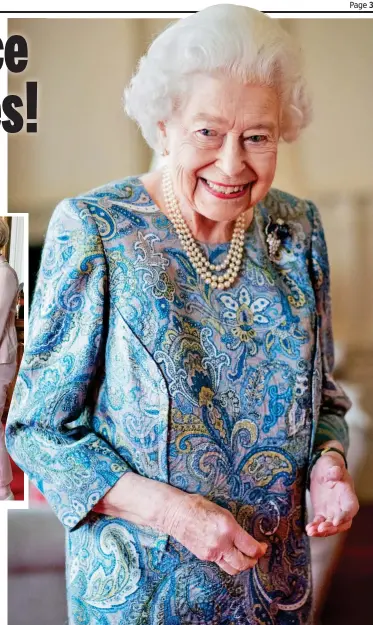  ?? ?? Energised: The Queen looks bright and cheerful in a blue paisley dress and pearls