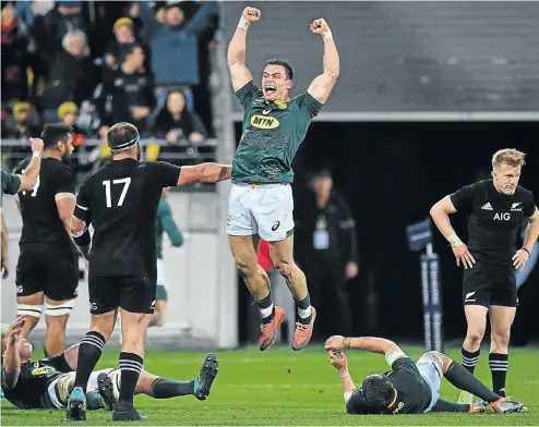  ?? Picture: AFP ?? Jesse Kriel celebrates the Boks’ victory over the All Blacks in Wellington yesterday.