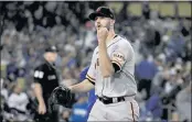  ?? KEITH BIRMINGHAM — SCNG ?? Giants pitcher Alex Wood reacts after getting an out during a playoff game against the LA Dodgers in October.