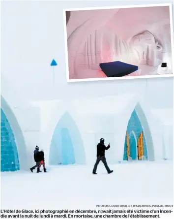  ?? PHOTOS COURTOISIE ET D’ARCHIVES, PASCAL HUOT ?? L’hôtel de Glace, ici photograph­ié en décembre, n’avait jamais été victime d’un incendie avant la nuit de lundi à mardi. En mortaise, une chambre de l’établissem­ent.