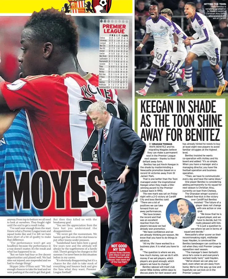  ??  ?? NOT GOOD MY SUN Lamine Kone clashes with Steve Cook and Simon Francis while Moyes’ men went out
of the top flight