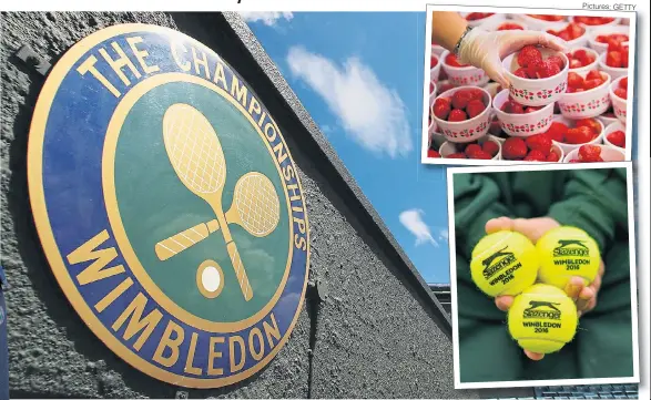  ?? Pictures: GETTY ?? SERVE! The famous logo and Lanson champage with sought-after cooler. Fans will eat 27 tons of strawberri­es and 52,200 balls will be hand-tested