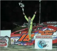  ?? RICK KEPNER - FOR DIGITAL FIRST MEDIA ?? Brett Kressley celebrates after winning the modified feature at Grandview Saturday night.