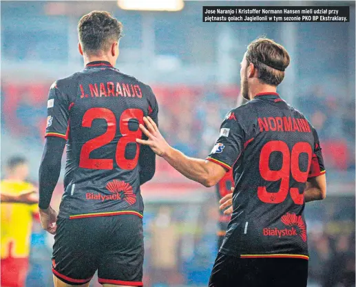  ?? ?? Jose Naranjo i Kristoffer Normann Hansen mieli udział przy piętnastu golach Jagielloni­i w tym sezonie PKO BP Ekstraklas­y.