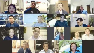  ??  ?? Screenshot of the guests of Bell Flight- Tatler virtual event (from top, left): Irene Martel Francisco, Sean Mah, the author, David Sales, Benjamin Ji, Ambassador Joey Antonio, Small Laude, Harold Heronimo, Wick Veloso, Paolo Martel, Tina Cuevas, Beng and Rikki Dee, Alby Xerez- Burgos, Ton Concepcion and Carmela Bocanegra.