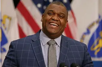  ?? MATT sTONE / hErALd sTAFF FILE ?? ‘THE PROMISE OF POSSIBILIT­Y’: Boston Municipal Court Judge Serge Georges Jr. smiles last month as Gov. Charlie Baker introduces him as a nominee for the Supreme Judicial Court. The Governor’s Council will reconvene on his nomination next Wednesday.