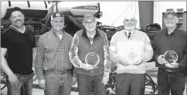  ?? Mona Weatherly ?? Roger Safranek and Brent Safranek recognized long-time employees at the celebratio­n on Sunday. From left are Brent Safranek, Roger Safranek, Steve Oman, 20 years, Mick Solomon, 50 years, and Charlie Olson, 27 years.