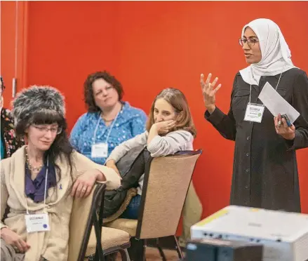  ?? Andres Kudacki/Associated Press ?? Muslim and Jewish women chat as they gather at an interfaith workshop on the Israeli-Palestinia­n conflict at Rutgers University on Sunday, in New Brunswick, N.J. The latest violence, triggered by the Oct. 7 Hamas attack on Israel, is prompting some to question such dialogue, its role, impact — or how to even have it — while steeling the resolve of others to connect and wrestle together with the challenges.