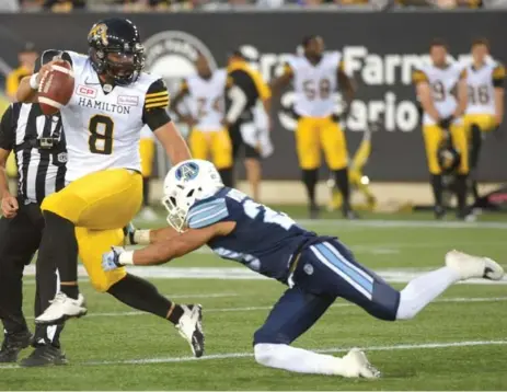  ?? CATHIE COWARD/THE HAMILTON SPECTATOR ?? Jeremiah Masoli will be the Tiger-Cats’ starting quarterbac­k in their Labour Day tilt against the Argonauts at Tim Hortons Field in Hamilton.