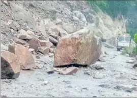  ?? ANI ?? A landslide blocked the Chandigarh-Manali road at Pandoh near Mandi on Monday. Many people were stranded as the alternativ­e route between Mandi and Kullu via Kataula was also blocked.