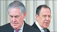  ?? ALEXANDER NEMENOV / AFP ?? Russian Foreign Minister Sergey Lavrov (right) and US Secretary of State Rex Tillerson arrive at a news conference after their talks in Moscow on Wednesday. Russian President Vladimir Putin met earlier with Tillerson.