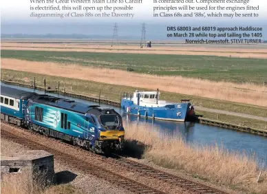  ?? STEVE TURNER. ?? DRS 68003 and 68019 approach Haddiscoe on March 28 while top and tailing the 1405 Norwich-Lowestoft.