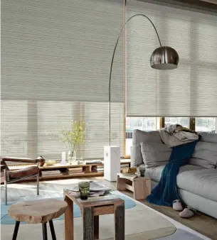  ??  ?? (Arr.) Roller Duolite de Hunter Douglas reúne dos cortinas en un mismo mecanismo: una en tela decorativa o screen por delante y una blackout por detrás. Cuenta con sistema Power View que permite accionarla­s de forma remota.