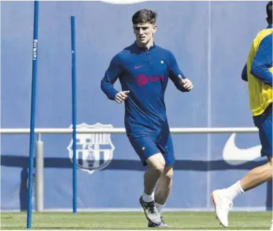  ?? Javi Ferrándiz ?? Gavi, en l’últim entrenamen­t del Barça abans de viatjar ahir, amb tren, a Getafe.