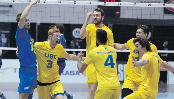  ?? RICK ZAZULAK/McMASTER UNIVERSITY ?? The UBC Thunderbir­ds celebrate after defeating the defending champion Trinity Western Spartans 3-0 (25-22, 25-18, 27-25) on Sunday in Hamilton.