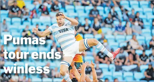  ?? Picture: AP ?? Argentina’s Guido Petti, top, loses his balance as he is lifted in a line out during their Rugby Championsh­ip test match against Australia on the Gold Coast, Australia on Saturday.