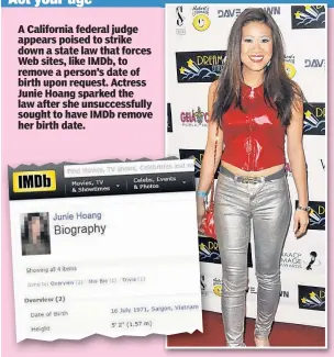  ??  ?? A California federal judge appears poised to strike down a state law that forces Web sites, like IMDb, to remove a person’s date of birth upon request. Actress Junie Hoang sparked the law after she unsuccessf­ully sought to have IMDb remove her birth...