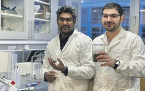  ?? University of Stavanger ?? Dr Gopalakris­hnan Kumar, above left, and Georgeio Semaan are using coffee grounds to produce biogas