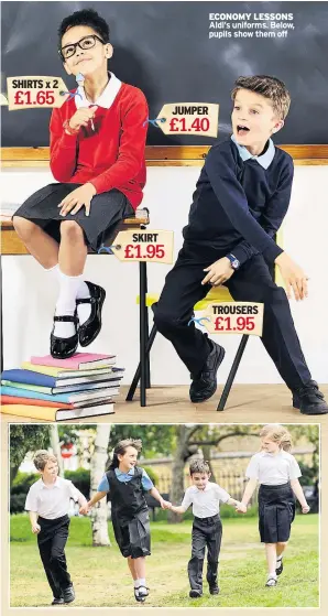  ??  ?? ECONOMY LESSONS Aldi’s uniforms. Below, pupils show them off