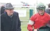  ??  ?? Trainer Brian Anderton and jockey Michael Mitchell after their win with High Forty in the Great Western Steeplecha­se. Right: Keep It Tight (Mathew Gillies) leads Gargamel (left, Alan Browne) and High Forty (Michael Mitchell) over the water jump in the...