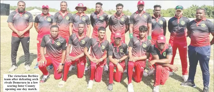  ?? ?? The victorious Berbice team after defeating arch rivals Demerara in a low scoring Inter County opening one day match.