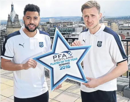  ?? Picture: SNS. ?? Former Dundee stars Kane Hemmings, left, and Greg Stewart have had contrastin­g fortunes since they were in the running for the PFA Scotland Player of the Year Award in 2016.