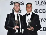  ??  ?? US actor Alex Wyse (left) and US producer Ken Davenport, winners of the award Best Revival of a Musical for ‘Once on this island’ pose in the 72nd Annual Tony Awards Media Room.