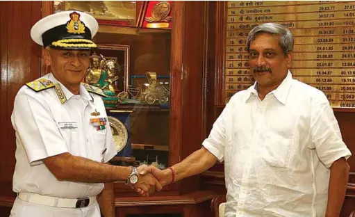  ??  ?? Chief of the Naval Staff Admiral Sunil Lanba calls-on Defence Minister Manohar Parrikar at South Block in New Delhi on June 2, 2016