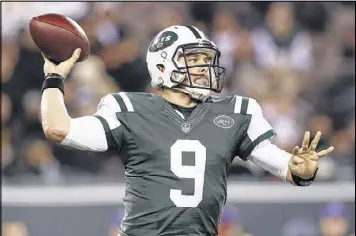  ?? GETTY IMAGES ?? Bryce Petty (9) replaced Ryan Fitzpatric­k in the second half of Monday night’s 41-10 loss to the Colts and was named the Jets’ starter for the rest of the season.