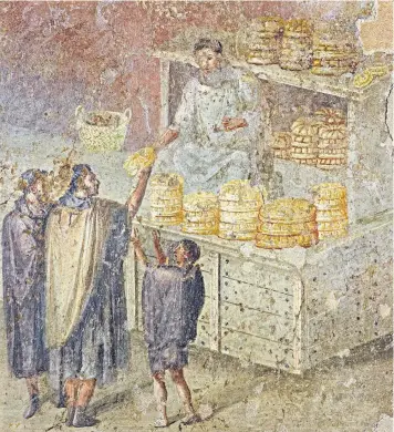  ??  ?? Daily bread: fresco wall panel showing customers in a bakery (AD 40–79). Above right, a dish with terracotta models of food (360 BC)