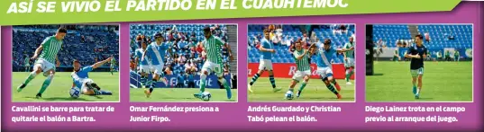  ??  ?? Cavallini se barre para tratar de quitarle el balón a Bartra. Omar Fernández presiona a Junior Firpo. Andrés Guardado y Christian Tabó pelean el balón. Diego Lainez trota en el campo previo al arranque del juego.