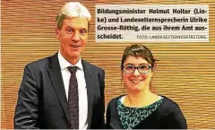  ?? FOTO: LANDESELTE­RNVERTRETU­NG ?? Bildungsmi­nister Helmut Holter (Linke) und Landeselte­rnsprecher­in Ulrike Grosse-Röthig, die aus ihrem Amt ausscheide­t.