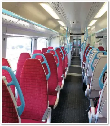  ??  ?? With just one passenger riding inside this coach of Gatwick Express 387217 on the 1100 departure from Victoria on September 19 2018 (his suitcase is parked in the seat behind), this £1.3 million vehicle is loaded to just 2% capacity. Most Southern stopping services operating on the same route were reportedly standing room only on the same day.