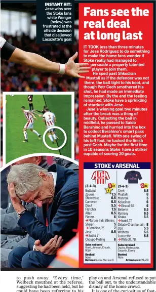  ??  ?? INSTANT HIT: Jese wins over the Stoke fans while Wenger (below) was frustrated at the offside decision that disallowed Lacazette’s goal