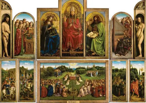  ?? Foto: wikimedia ?? Jan und Hubert van Eyck: die Festtagsse­ite im geöffneten Genter Altar mit der zentralen Anbetung des Lamms unten Mitte.