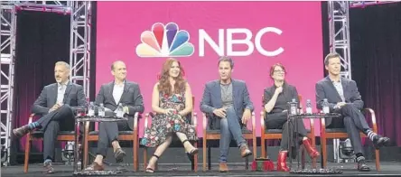  ?? Willy Sanjuan Invision/AP ?? THE MOVERS of “Will & Grace” speak to the press: co-creators/executive producers David Kohan, from left, and Max Mutchnick and actors Debra Messing, Eric McCormack, Megan Mullally and Sean Hayes. The show is scheduled to return to NBC on Sept. 28.