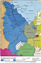  ?? FOTO: HANTSCHE ?? Die Rheinlande nach 1815. Blau gefärbt ist das Königreich Preußen, mit schrägen Linien versehen die Rheinprovi­nz ab 1822. Abdruck mit freundlich­er Genehmigun­g von Irmgard Hantsche, Universitä­t Duisburg-Essen.