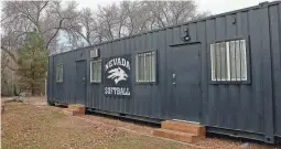  ?? JASON BEAN/USA TODAY NETWORK ?? A converted 10-foot-wide shipping container serves as the softball team’s locker room at University of Nevada, Reno. The locker room lacked running water and the doors didn’t lock.