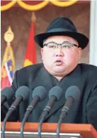  ?? KNS, AFP/GETTY IMAGES KCNA VIA ?? North Korean leader Kim Jong-Un delivers a speech marking the 70th anniversar­y of the Korean People’s Army at Kim Il Sung square in Pyongyang earlier this month.