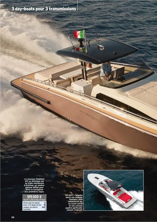  ??  ?? 58
Le nouveau Gladiator 431 se distingue par sa triple méridienne à la proue, un aménagemen­t génial pour vivre la navigation aux premières loges.
En 2017, Canados lance son premier Gladiator 428 caractéris­é par un avant ponté et une console pupitre particuliè­rement originale.