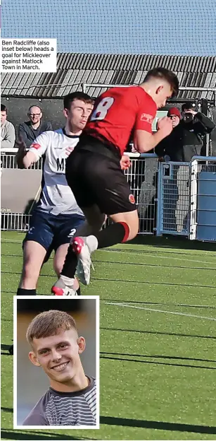  ?? ?? Ben Radcliffe (also inset below) heads a goal for Mickleover against Matlock Town in March.