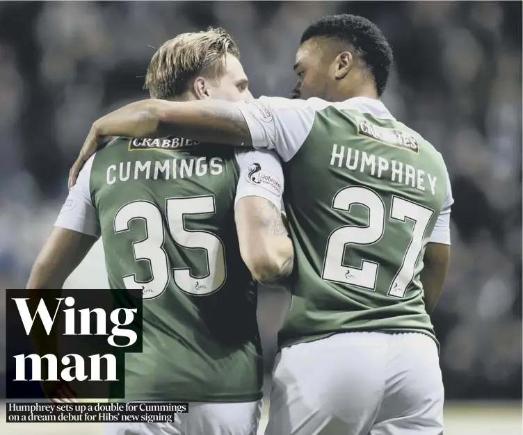  ??  ?? Jason Cummings and Chris Humphrey celebrate after the latter set up the former for the opener in Hibs’ 3-0 win over Dundee United. The pair also combined for the second goal.