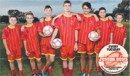  ?? Picture: EVAN MORGAN ?? YOUNG GUNS: North Queensland junior soccer players Jake Cottam, 13, Dylan Heath, 13, James Haydon, 14, Deegan Brook, 14, Lachlan Buckman, 13, Lachlan Hutchings, 13, and Ray Heijneman, 14.