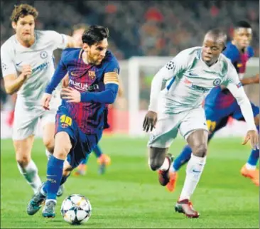  ?? AFP ?? Messi scored twice as Barcelona won 30 on Wednesday to see off Chelsea to ease into the last eight stage of the Champions League.