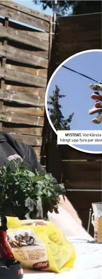  ??  ?? MYSTISKT. Vid Kårsta torg har någon hängt upp fyra par skor, varför vet ingen.