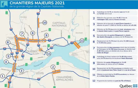  ?? ILLUSTRATI­ON COURTOISIE ?? Cette carte du MTQ montre les plus importants chantiers routiers prévus dans la région cet été. On note une concentrat­ion importante de projets dans les secteurs des autoroutes Henri-iv et Félix-leclerc.