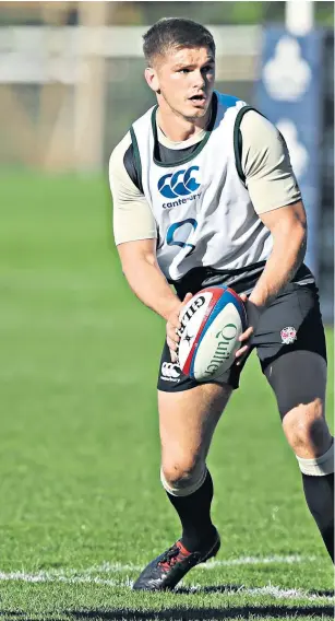  ??  ?? Key figure: Owen Farrell on the ball during training in Portugal yesterday