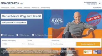  ?? FOTO: SCREENSHOT ?? Webseite von Finanzchec­k.de: Mit Minuszinse­n von 100 Prozent für Kleinkredi­te hat der Hamburger Anbieter im Schlagabta­usch der deutschen Kreditport­ale ein Zeichen gesetzt.