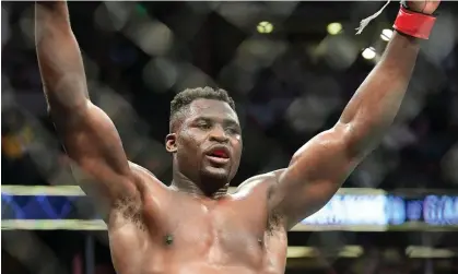  ?? California. Photograph: Frederic J Brown/AFP/Getty Images ?? Cameroon's Francis Ngannou celebrates victory over France's Ciryl Gane after their UFC heavyweigh­t title fight last year at the Honda Center in Anaheim,
