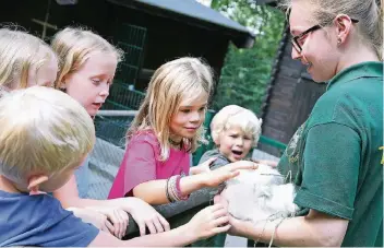  ?? RP-FOTO: KÖHLEN ?? Tierpflege­rin Leonie Johland hat ein Meerschwei­nchen auf dem Arm. Es lässt sich von den Kindern anfassen.